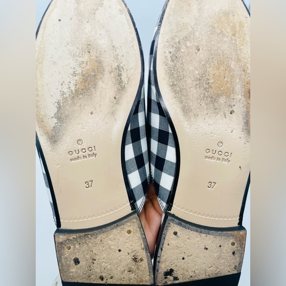 Gucci Shoes Princetown Gold Horsebit Black White Gingham Loafer Mules EU 37 - Picture 6 of 10
